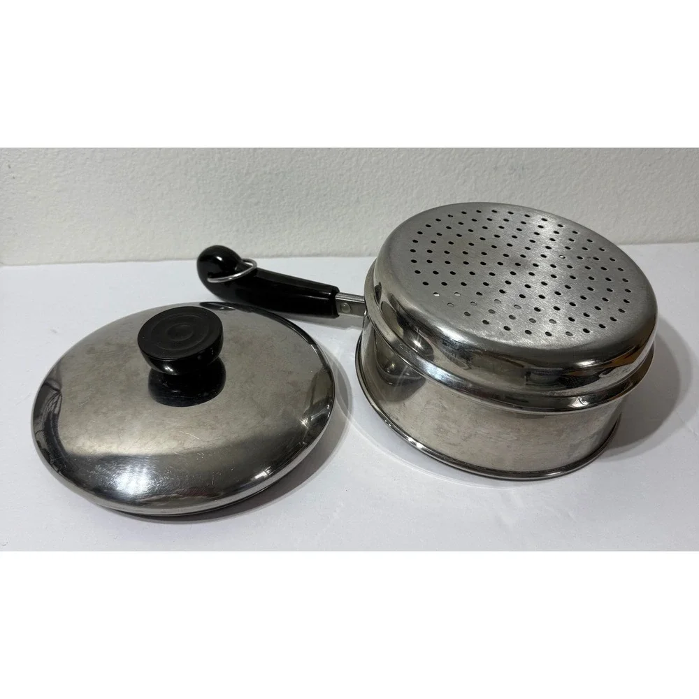 Vintage Stainless Steel Steamer Insert Pot with Lid Black Handle 6.25